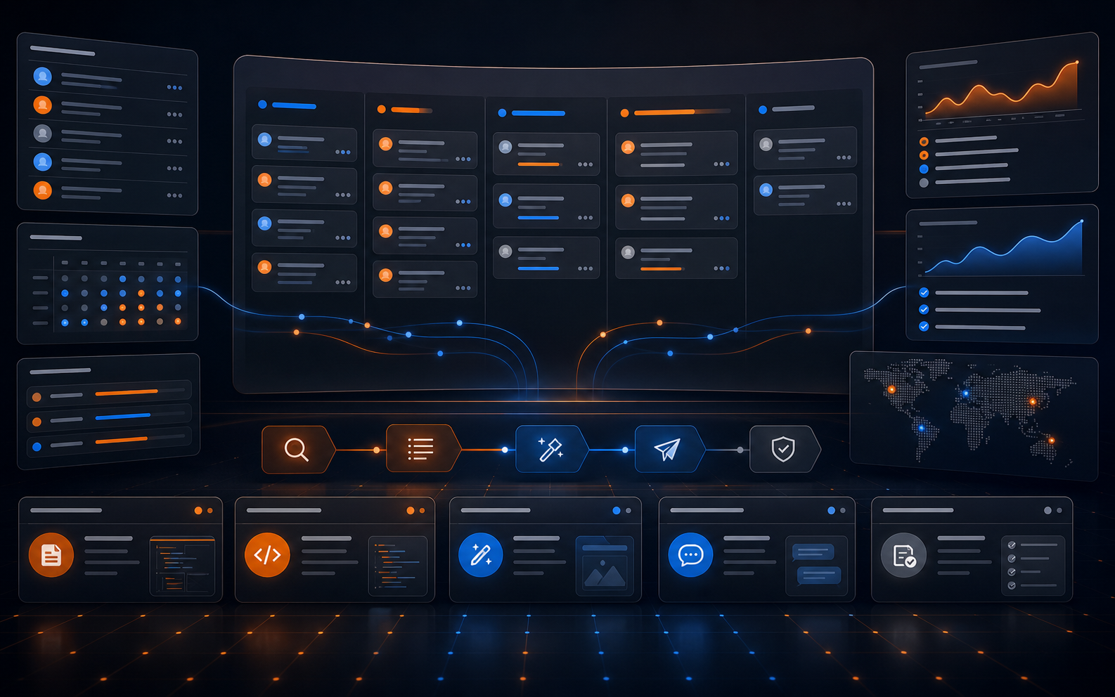 Dark agency operations cover showing ordered client workstreams, delivery lanes, approval gates, and portal reports.