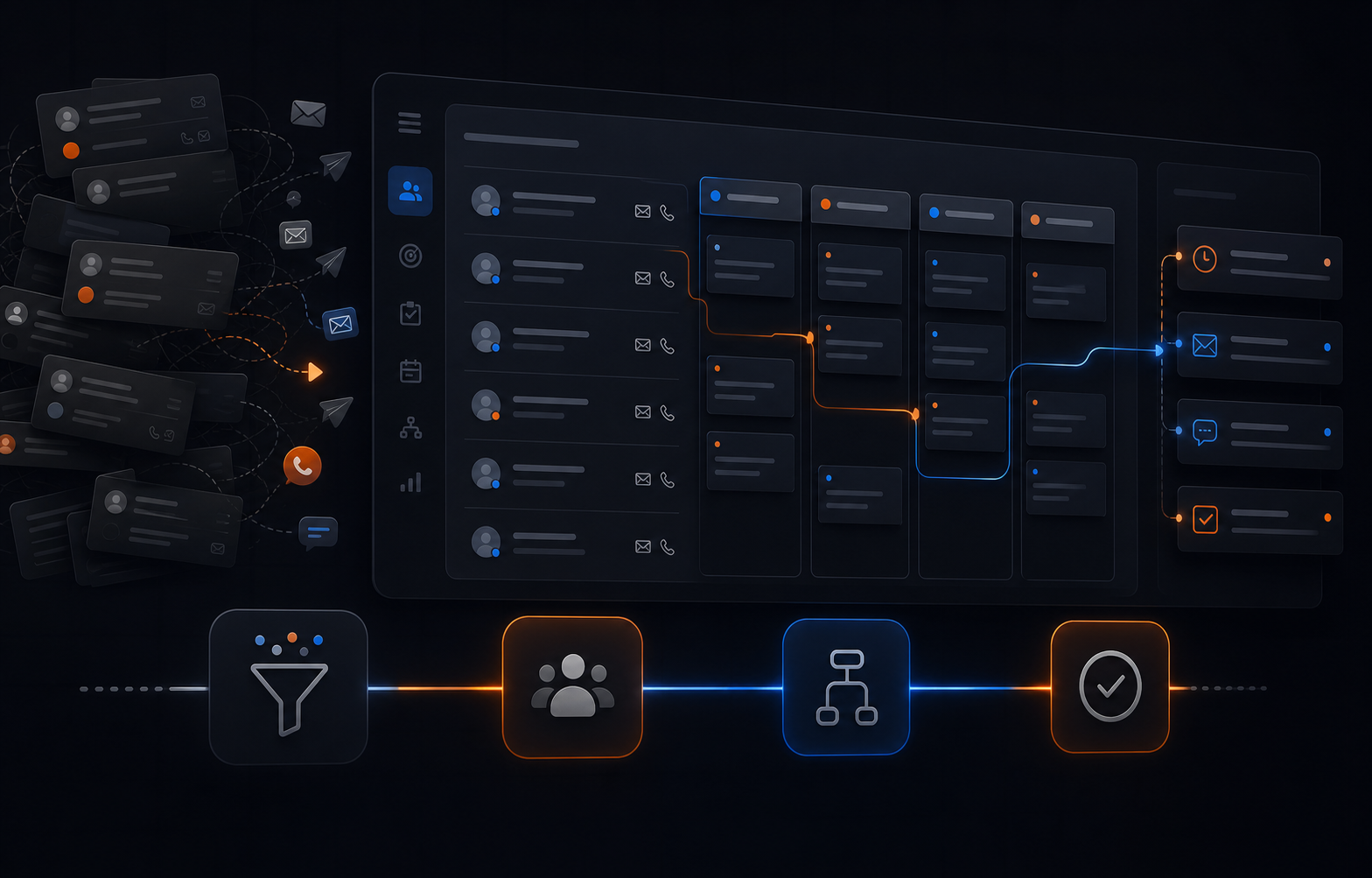 Dark CRM operations cover showing organized contact records, pipeline stages, and follow-up paths.
