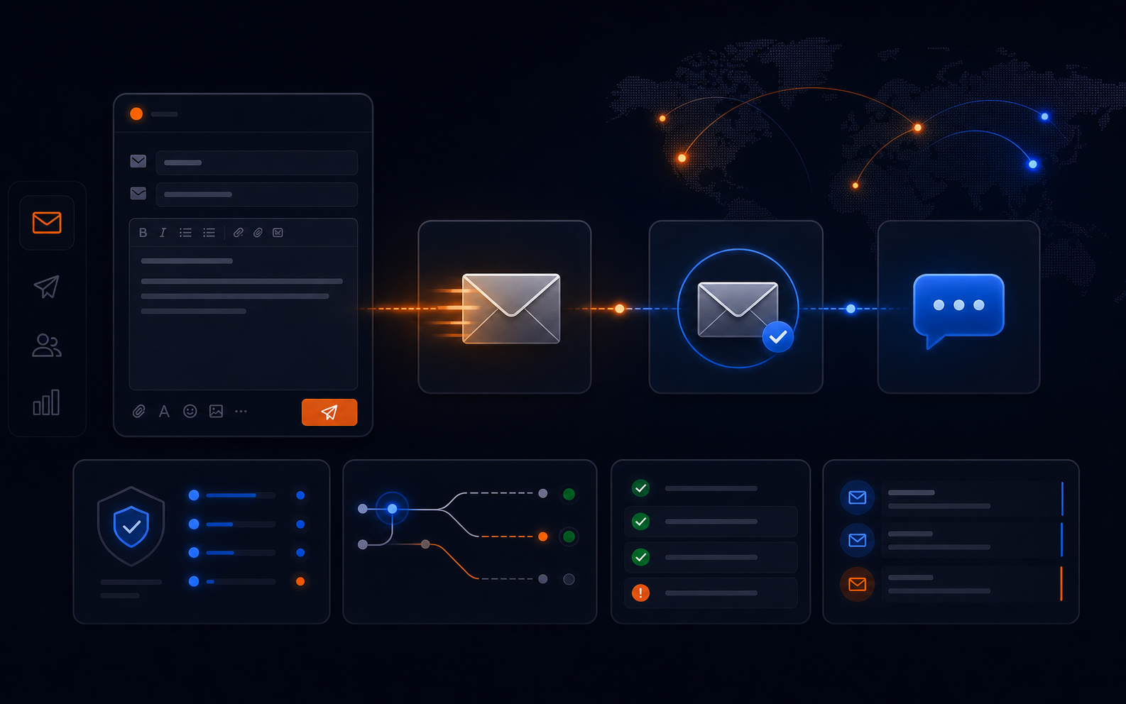 Dark communication operations cover showing inbox health, message routes, authentication checks, and follow-up queues.
