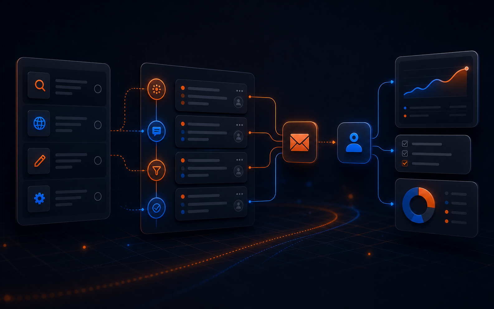 Dark ByteDesk automation workflow cover showing connected task cards, CRM handoffs, and reporting panels.