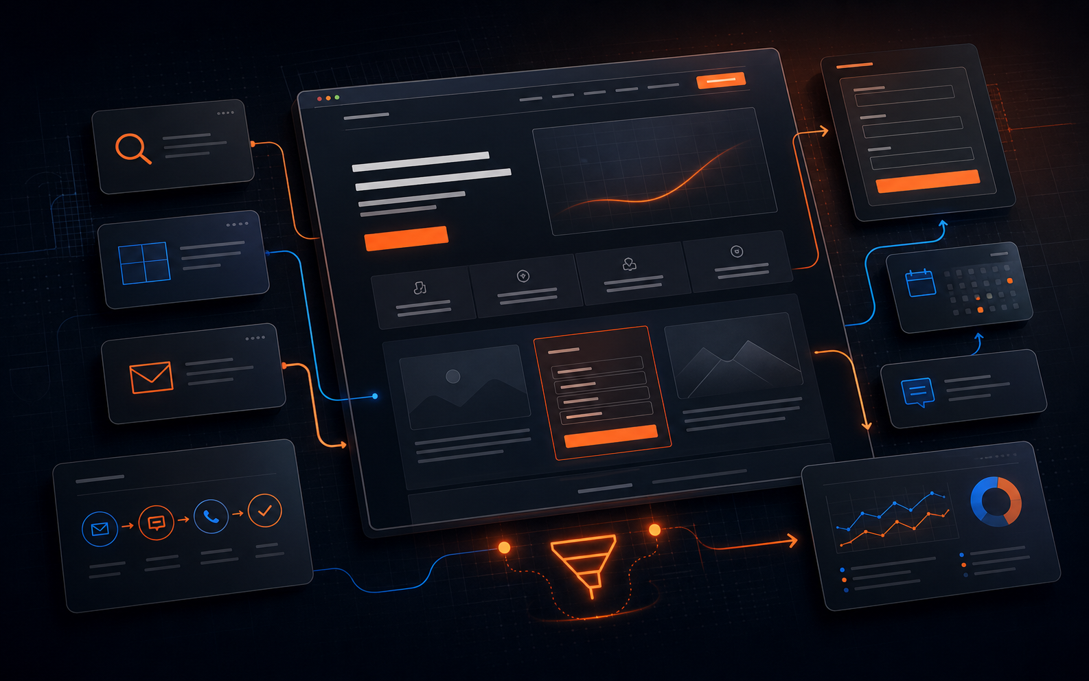 Dark service website conversion cover showing landing page sections, intake forms, CTA paths, and reporting cards.