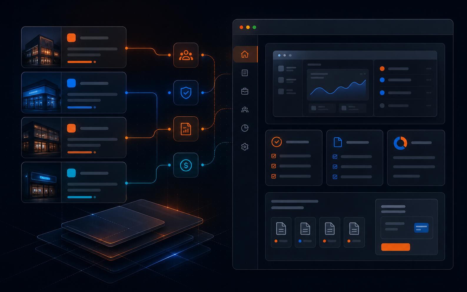 Dark multi-tenant platform cover showing service permissions, client portal preview, reports, and billing surfaces.