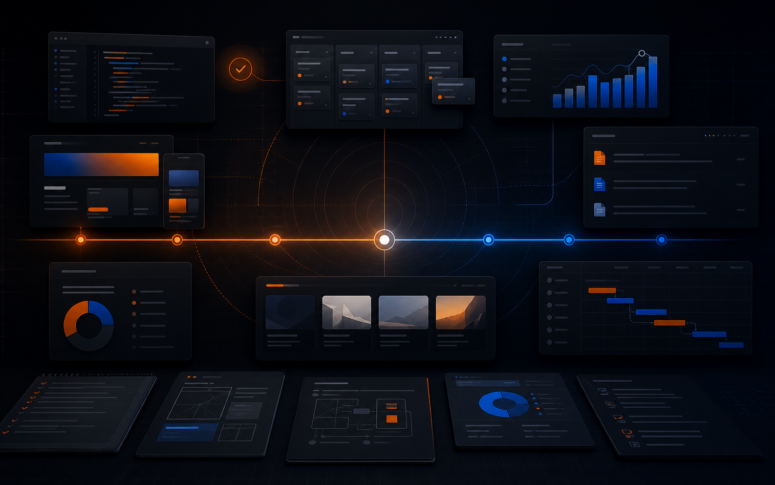 Dark year-end operations review cover showing release notes, completed work cards, reports, and a roadmap timeline.